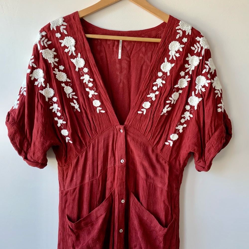 Free People Red Button Dress with White Floral Embroidery